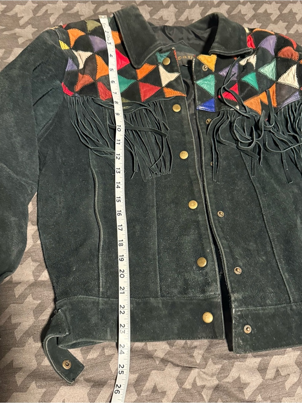 Vintage 90s Black Patchwork Leather Fringe Western Cropped Jacket southwestern - Picture 3 of 7